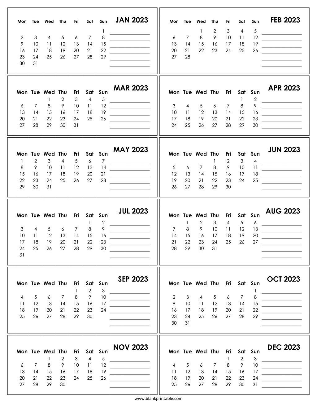 Printable Calendar 2023 with Notes Free Download