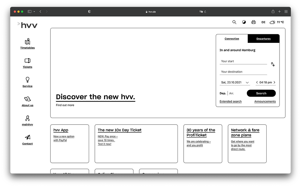 Screenshot of the official HVV website in black and white