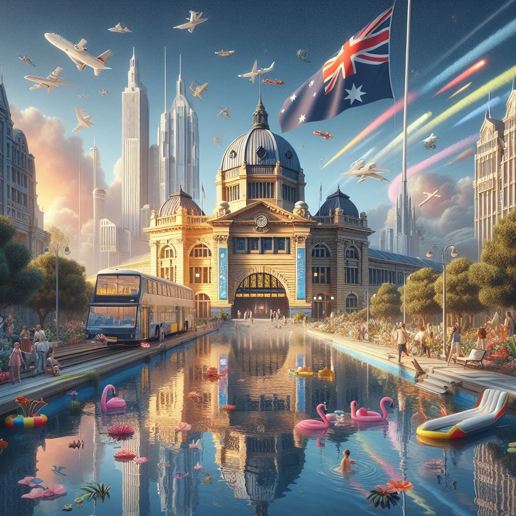 Utopian re-imagining of Flinders Street Station flanked by a reflecting pool