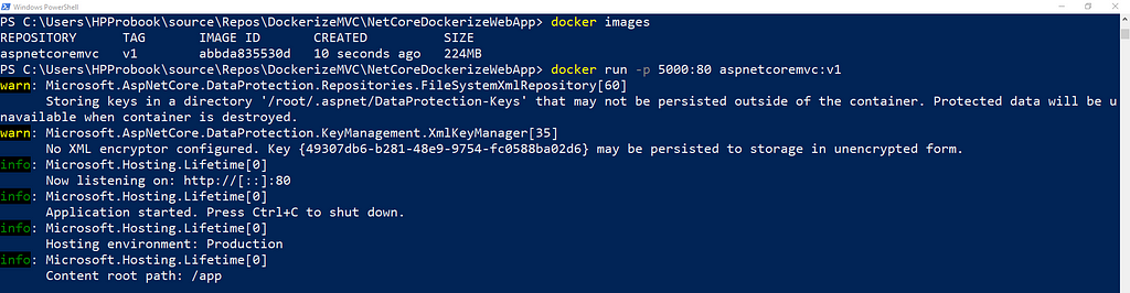 docker run -p 5000:80 aspnetcoremvc:v1