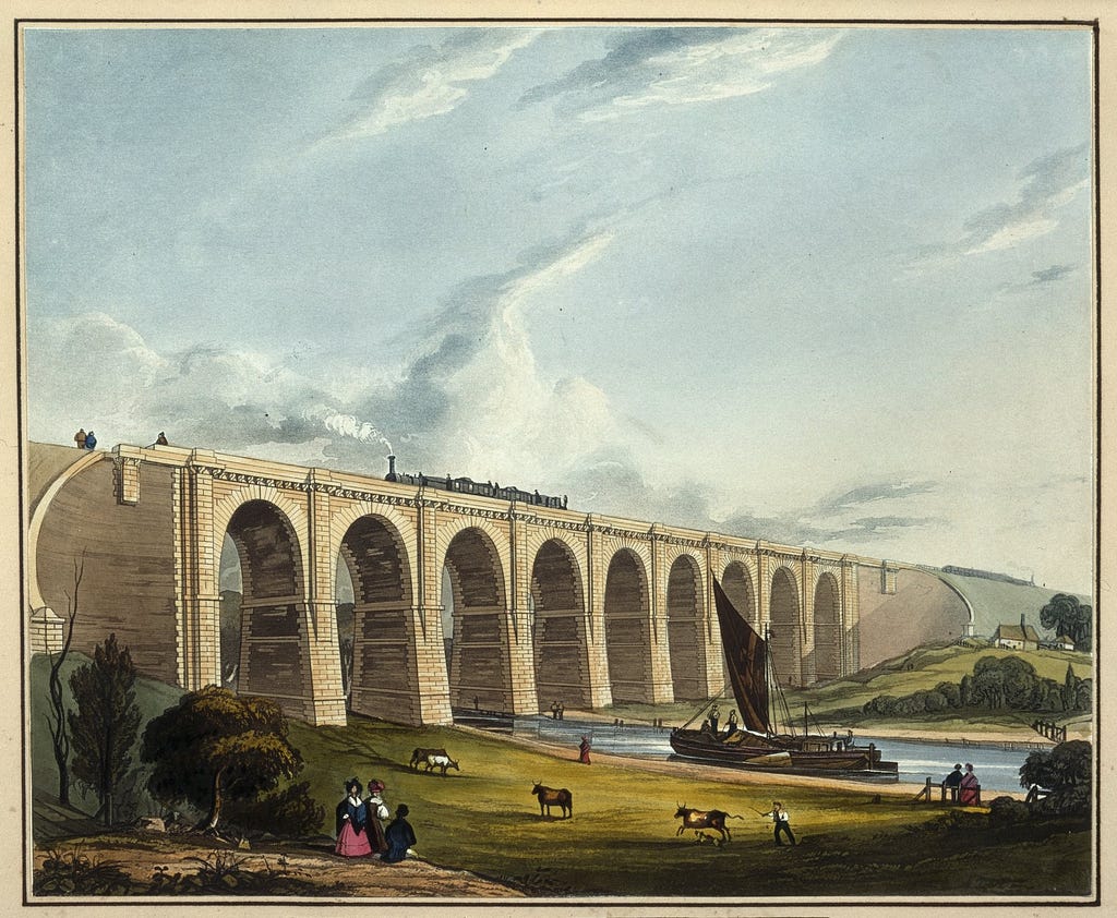 Coloured drawing of a railway viaduct