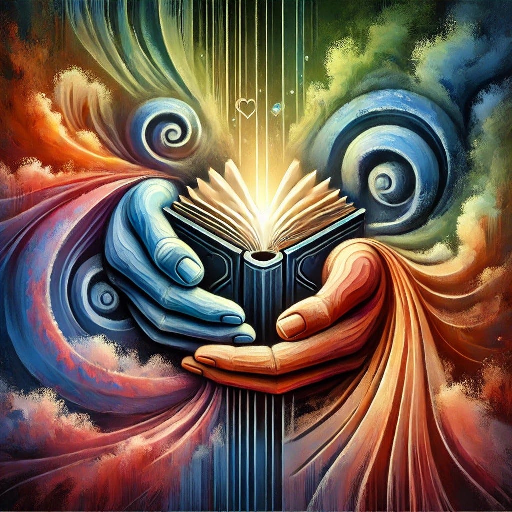 This abstract artwork symbolizes the triumph of empathy and understanding over ego. At its center, soft, interlocking hands and an open book represent the essence of communication and openness. These elements are surrounded by a dark, rigid structure dissolving into light, illustrating the gentle transformation of the ego into a state of enlightenment. Flowing shapes and vibrant colors envelop the scene, embodying the positive energy of growth and unity. The harmonious composition reflects the j