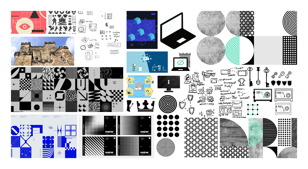 Many screengrabs of a series of design process work including patterns, images and illustrations