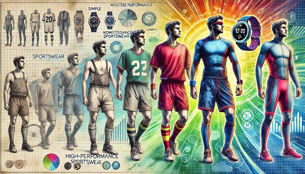 Here’s a watercolor painting illustrating the evolution of high-performance sportswear. It begins with an athlete in simple cotton jerseys and shorts on the left, transitioning to modern sportswear with advanced materials and wearable tech on the right. The background shifts from a vintage to a futuristic setting, showcasing the rapid advancements in sportswear technology.