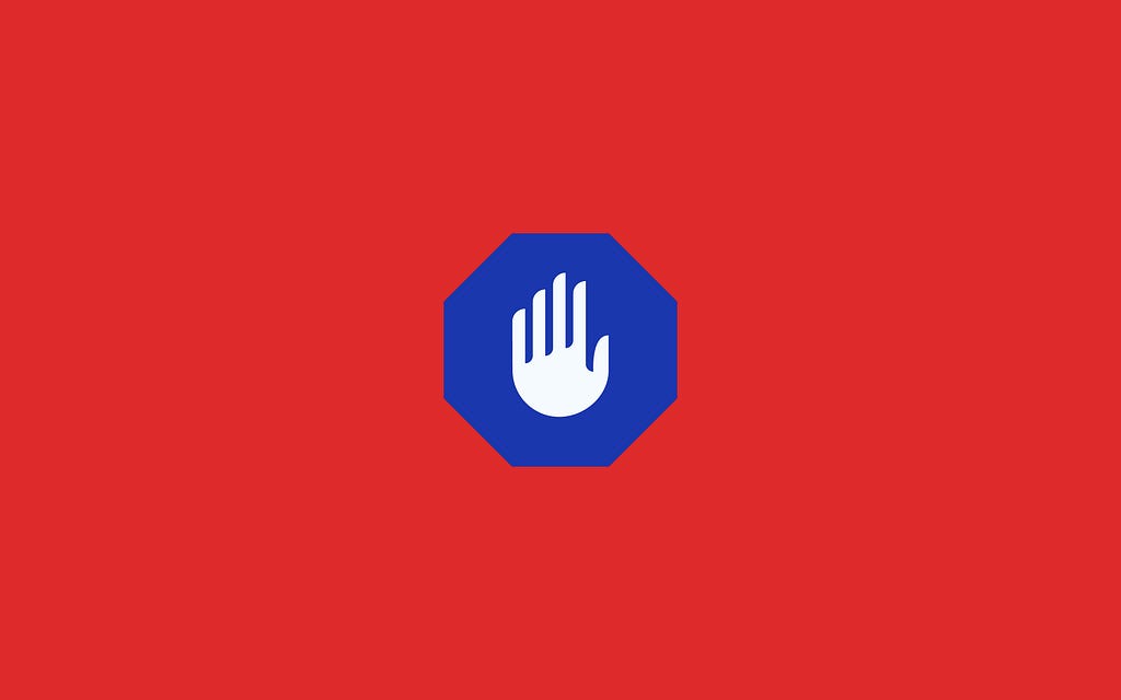 A blue octagon on a red background with a flat, white palm signaling “stop”