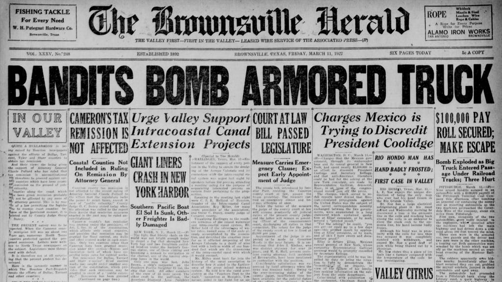 Front page of 1927 newspaper with headline: Bandits Bomb Armored Truck