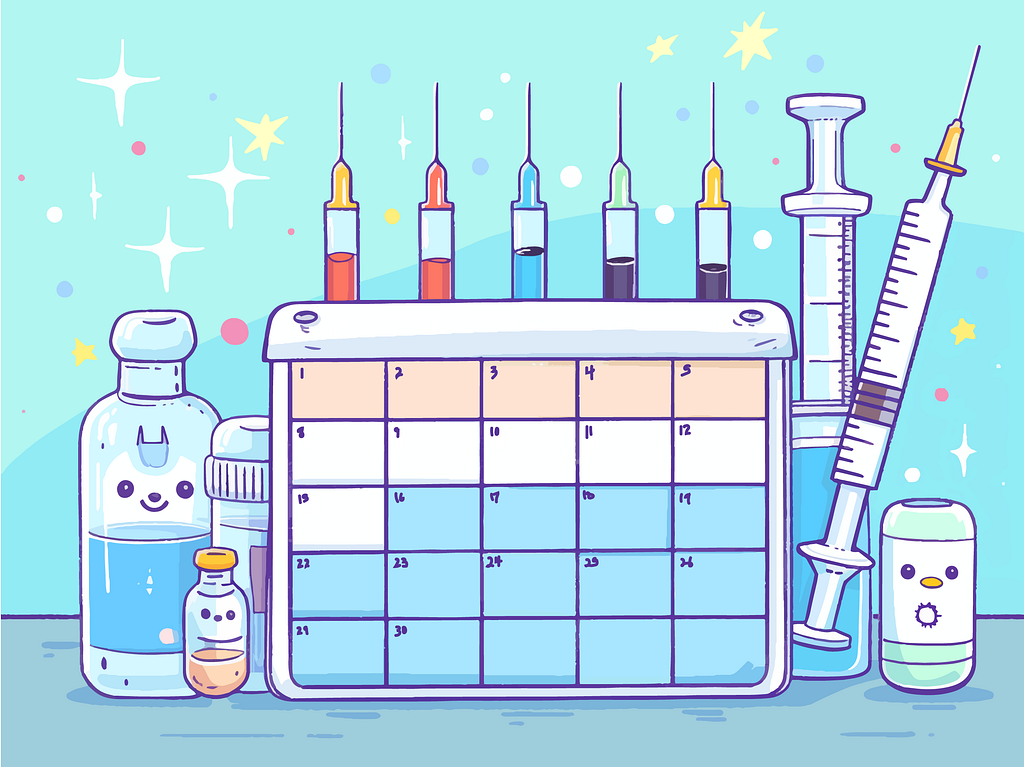 Cute illustration of a calendar marked with different colors and syringes and vials surrounding the calendar.
