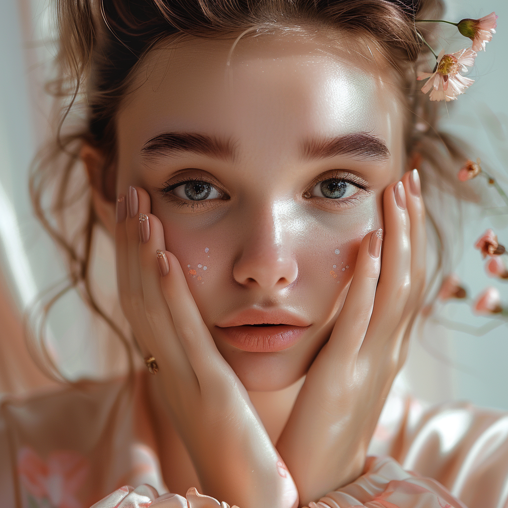 A woman is posing to showcase her nails along with her face. The background of the picture has a clean white and pastel pink tone, giving it a clean and refreshing look. There might be some small flower decorations.