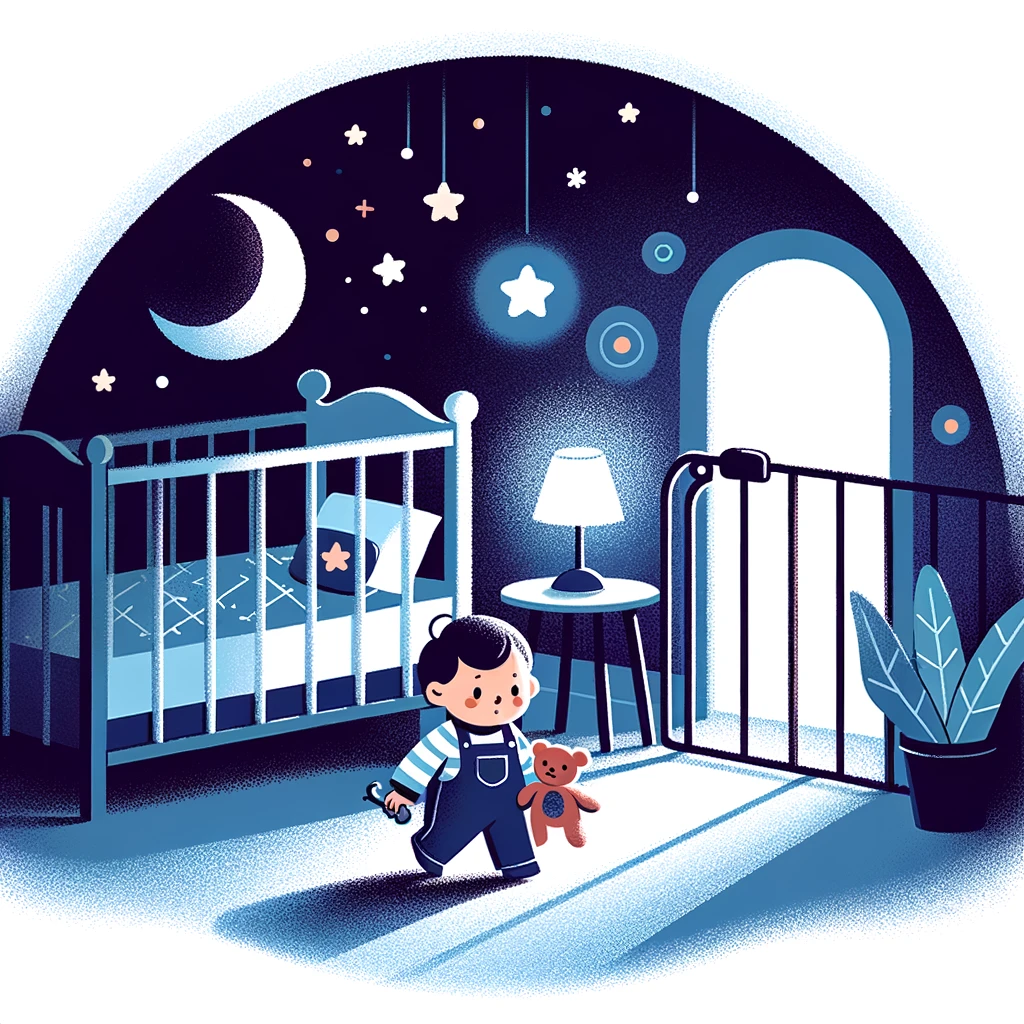 Dimly lit toddler’s room at night, showcasing a wandering child with a toy and safety gates for protection