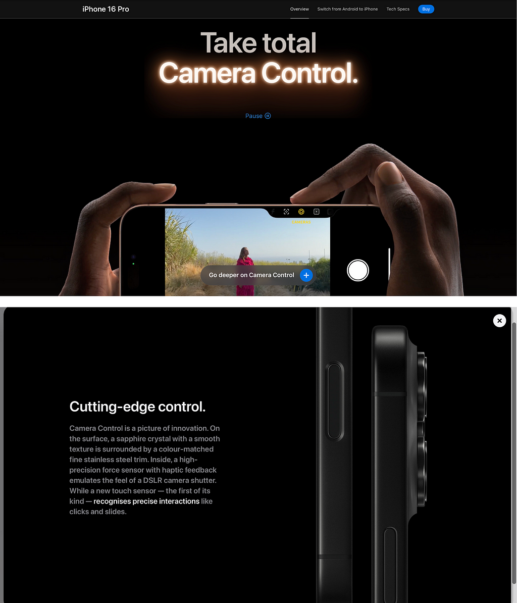 An image on Apple’s website showing the iPhone 16 Pro with a focus on its physical camera button, providing information on “taking total camera control”.