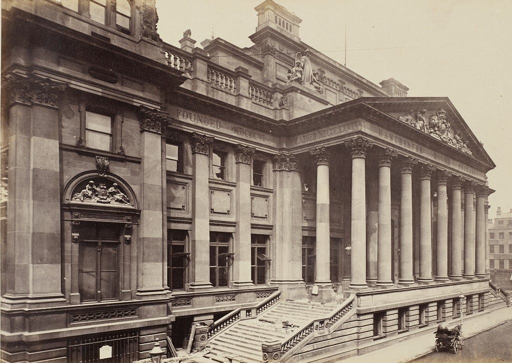 Front of the Royal Exchange building, black-and-white