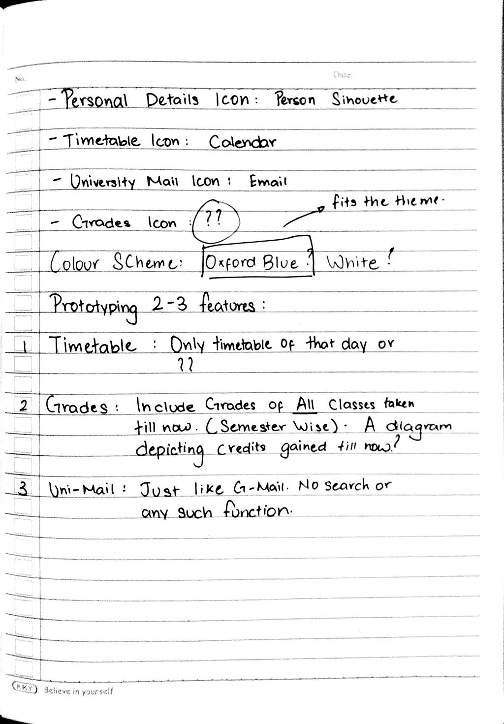 This is the page 2 of the sketch I made when designing the application. It contains design features of the application such as the icons for the timetable, grades, profile and university mail. It also contains the primary colour of th application.