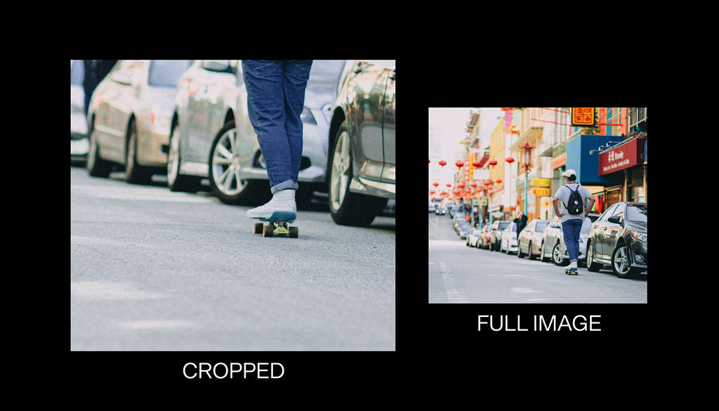 Two versions of the same photo of a skateboarder. One version is cropped to just his feet on the board in the street, the other is a wide shot showing the entire photo.