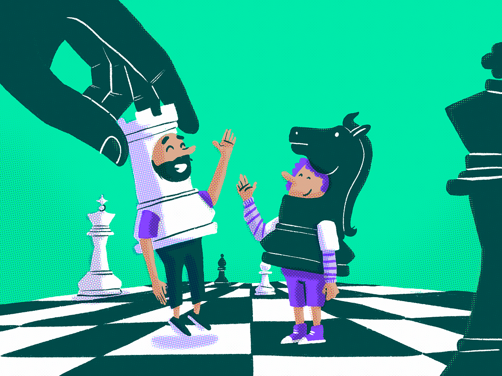 In a chessboard, a hand moves José, dressed as a white rook, closer to another character, dressed as a black knight.