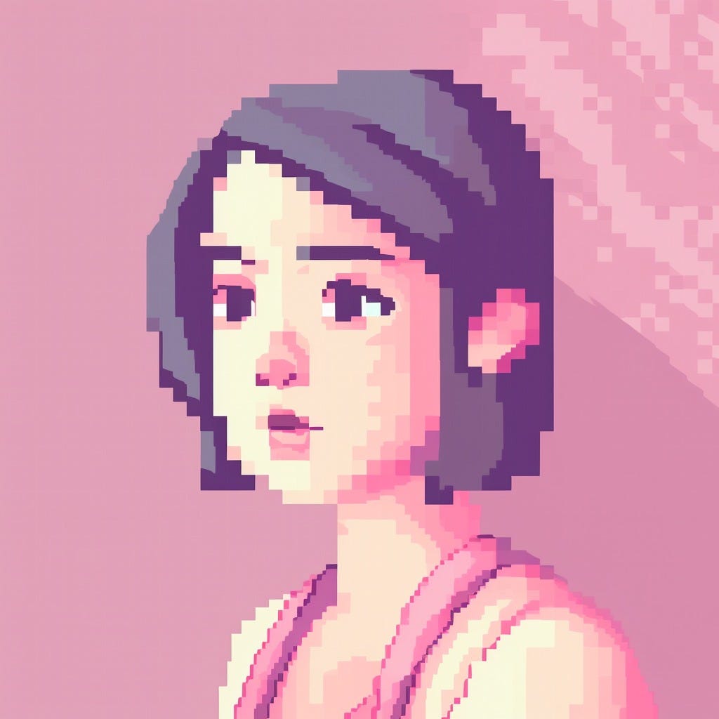 A pixel art of a woman looking worried