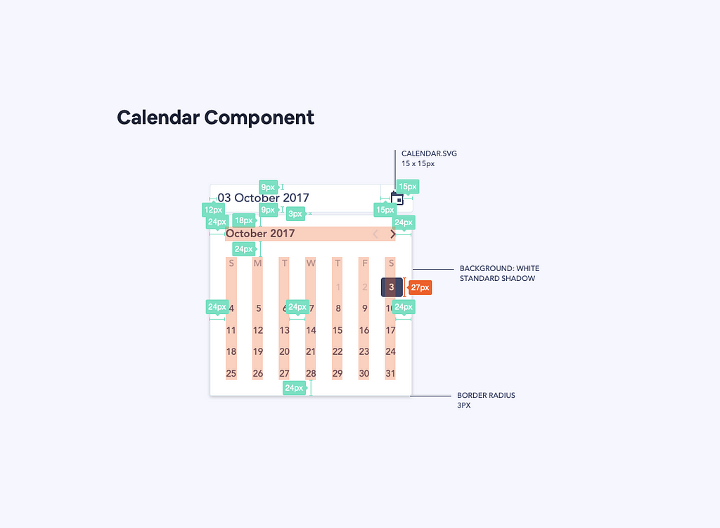 Example of visual specs added to a calendar component