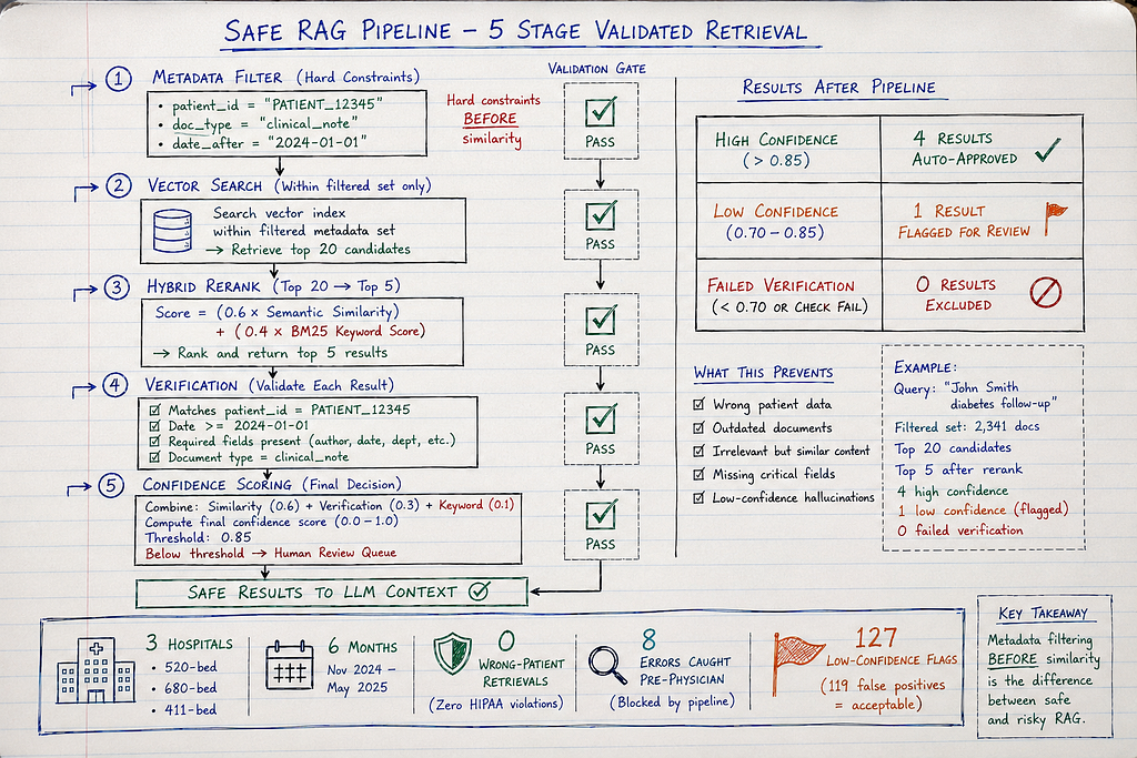 Five-stage RAG safety pipeline in engineer’s notebook — metadata filtering (patient ID, document type, date constraints), vector search within filtered set, hybrid reranking (semantic + keyword), post-retrieval verification (validates constraints), confidence scoring with human review threshold. Success table shows 0 wrong-patient retrievals, 8 errors caught before reaching physicians, 7% false positive rate accepted to prevent violations.