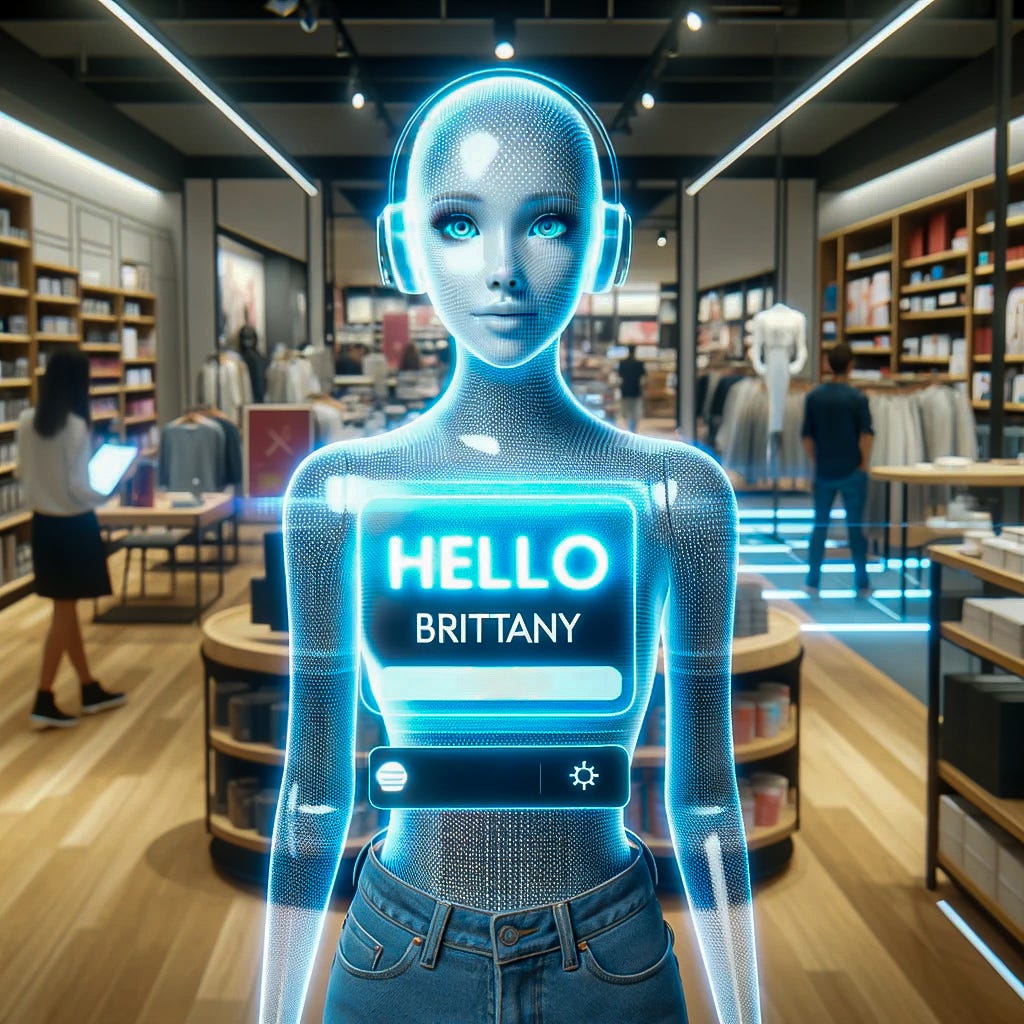 A photo of a blue glowing holographic shopping assistant that resembles a woman in a modern retail store displaying a greeting ‘Hello Brittany,’ with shelves of products and shoppers in the background.