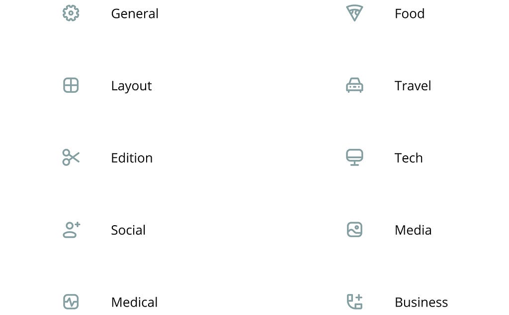 Naming of the categories of the icon set: General, Layout, Edition, Social, Medical, Food, Travel, Tech, Media and Business