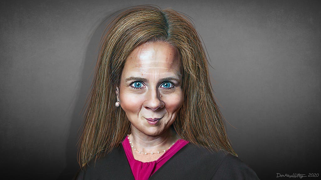 Caricature of Justice Amy Coney Barrett. “If I’m squirming in my seat, don’t suppress my motion.”