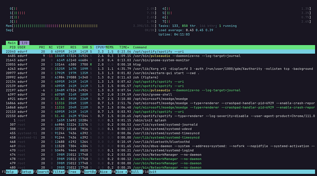htop command in terminal showing the processes on my machine