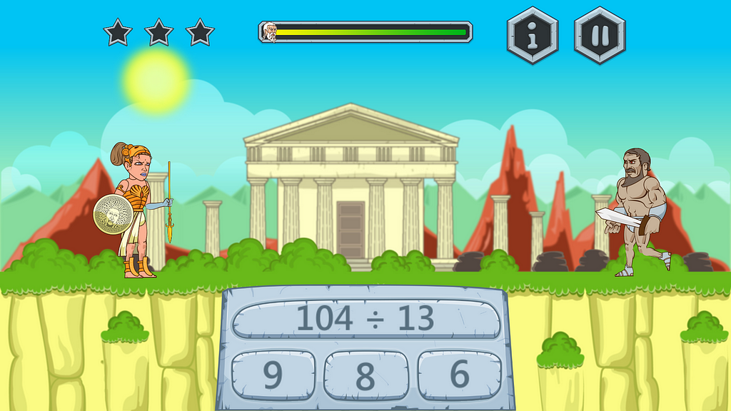 main gameplay screen, showing multiple choice math problem with mythological Greek characters acting above