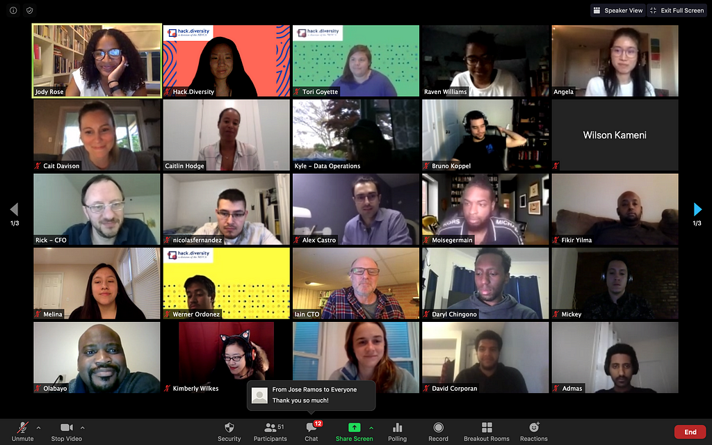 Screenshot of our Hack.Chat which occurred via Zoom meeting. Picture shows some Hack.Diversity Fellows and Comlinkdata team.