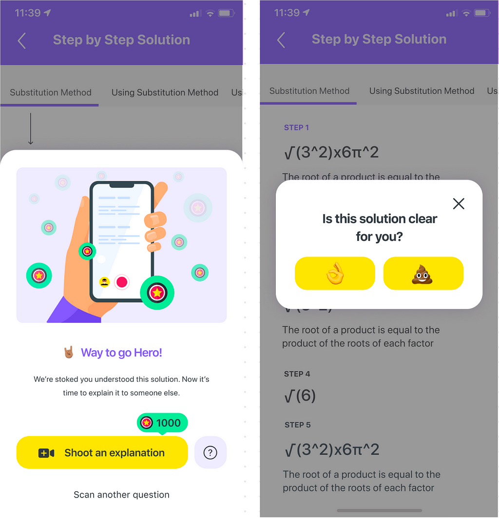 Screenshots from Math Hero app which show examples of UX copy