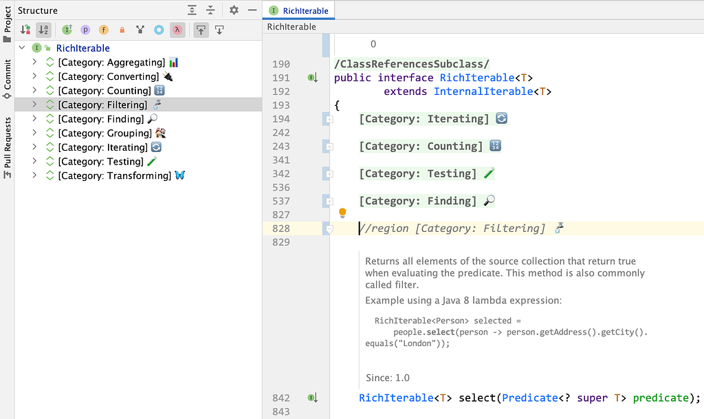 Screenshot of the RichIterable interface in IntelliJ editor with the Structure View showing organization of methods by method categories, augmented with emojis.