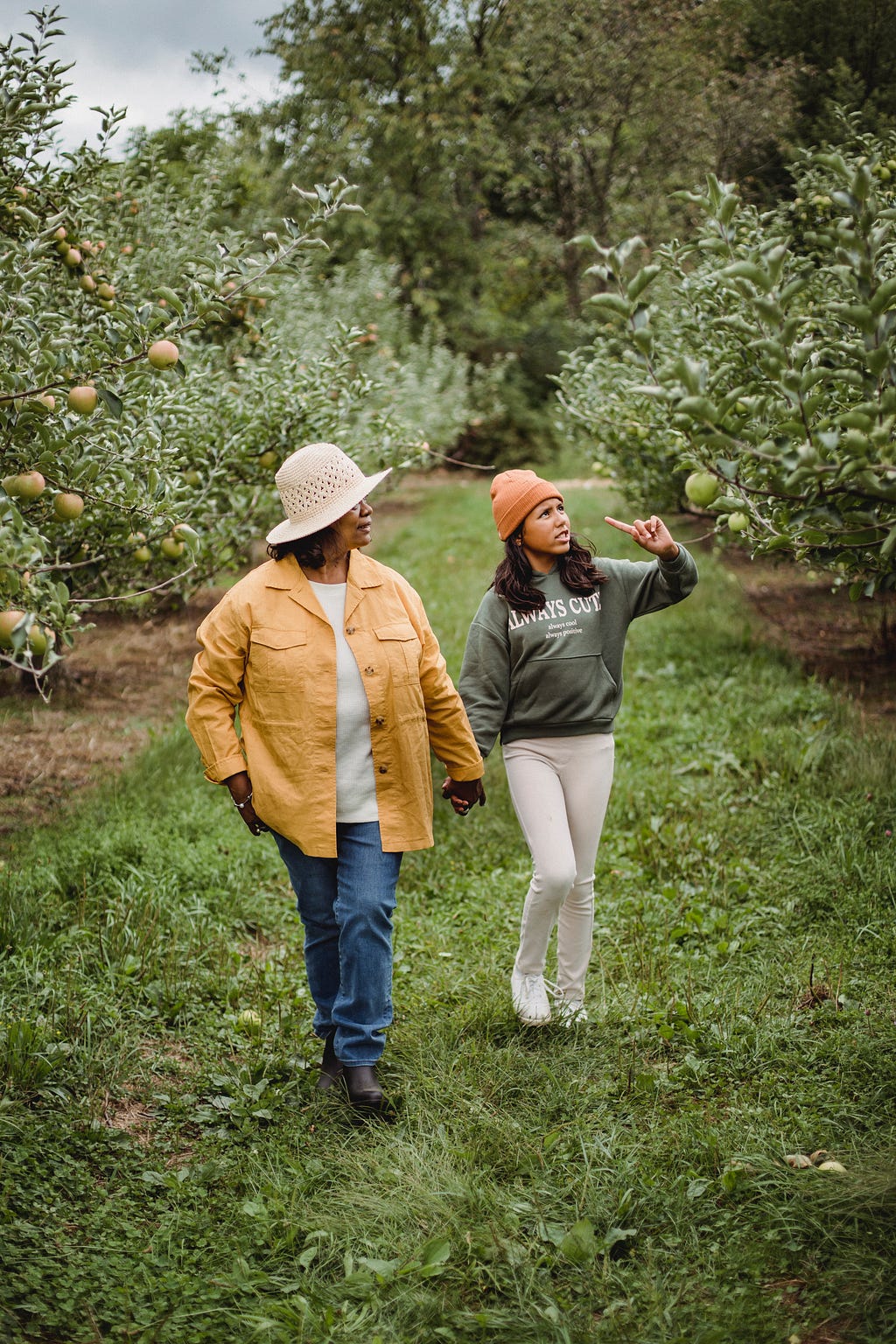 A woman and a teenager hold hands as they walk looking at the fruit trees.