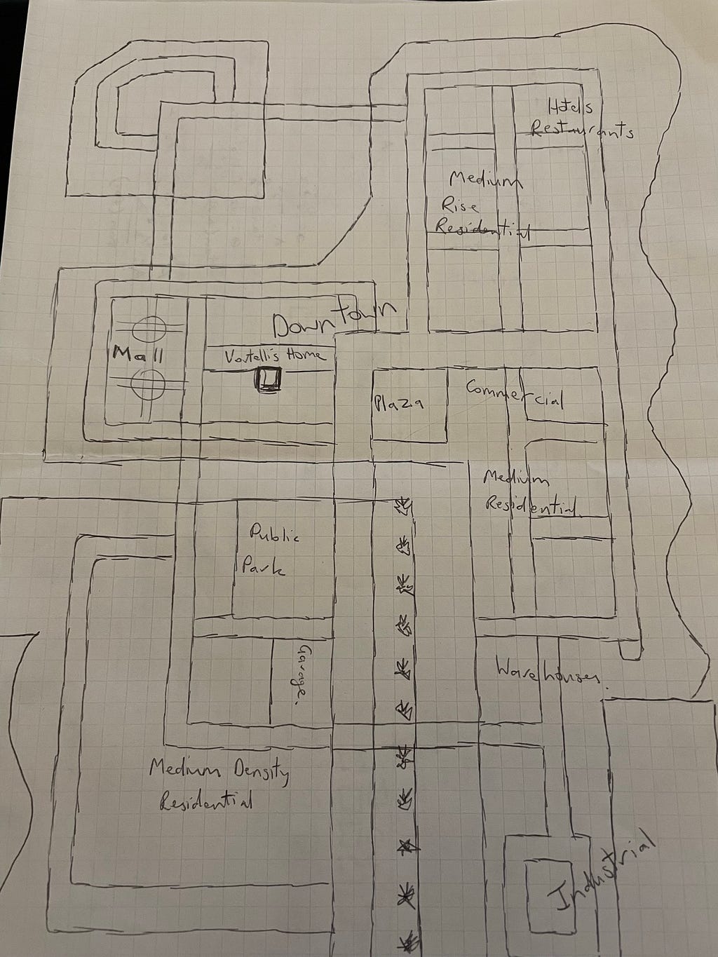 A hand drawn sketch of an early design of the city layout