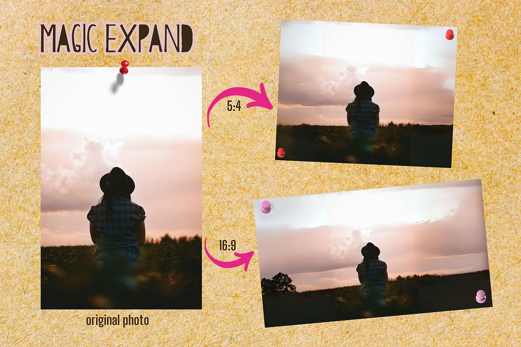 Using Canva Magic Expand to change the aspect ratio of a photo to 5:4 and 16:9.