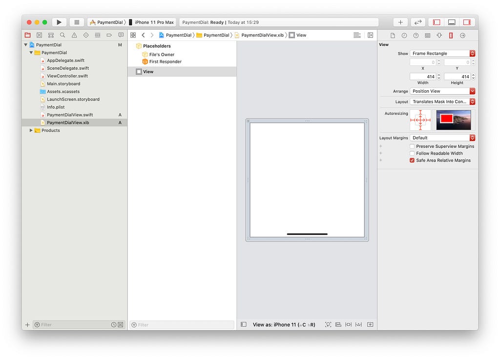 An Xcode window, showing the content of the payment dial view nib file and view size inspector