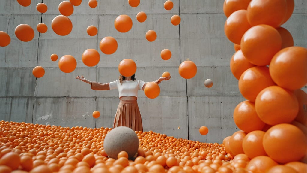 Woman standing among hundreds of essential orange balls. The floor is covered in balls, and some are floating.