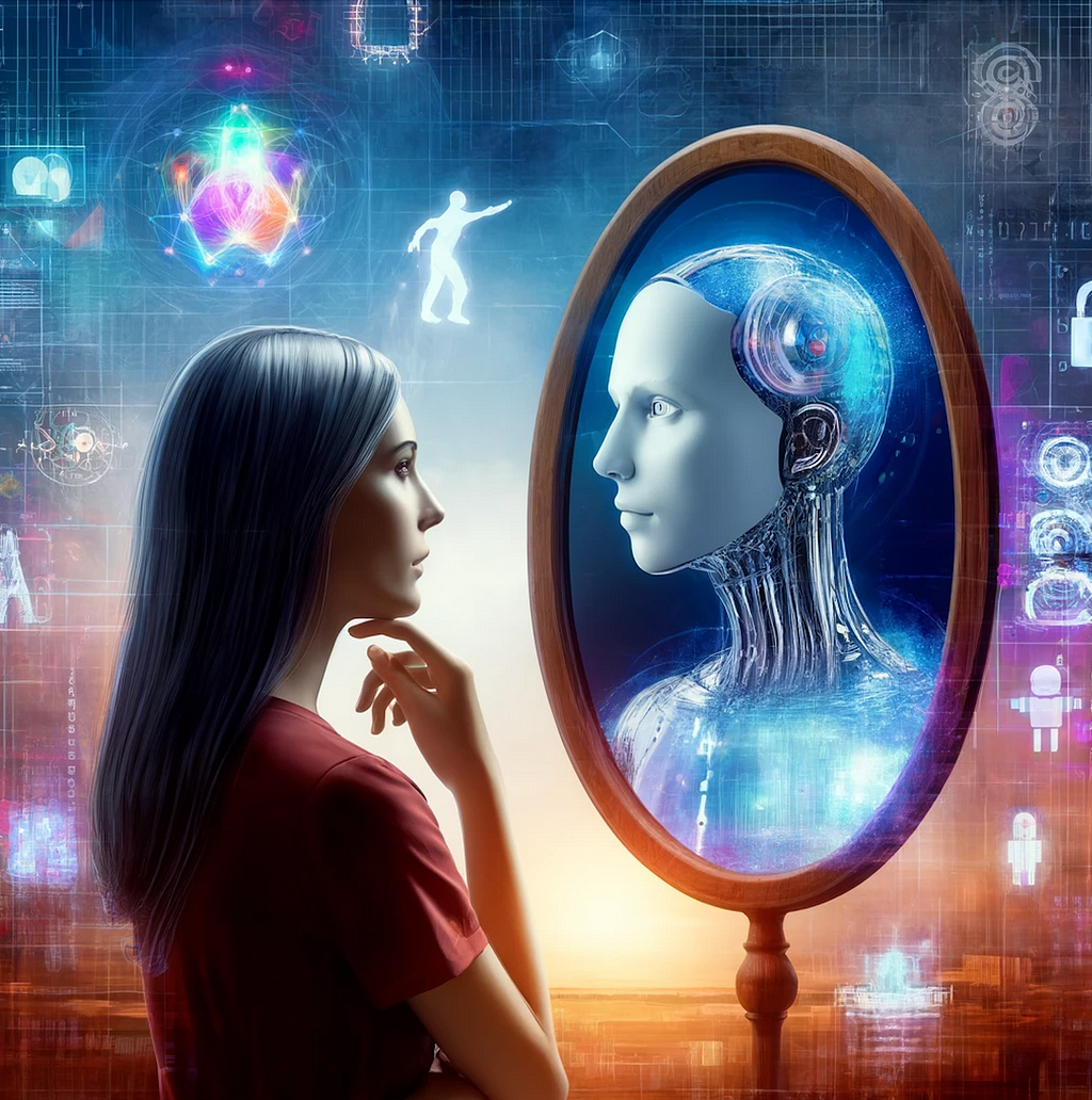 a person looking into a mirror with a digital or robotic reflection, surrounded by digital elements, highlighting the merging of human and AI.