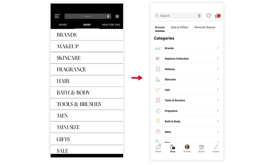 Before and after of the main shop menu.