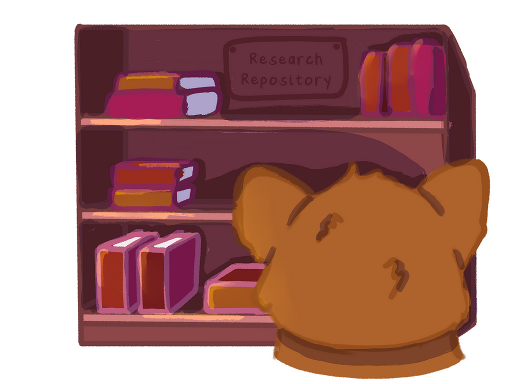 Corgi looking at library of books titled research repository