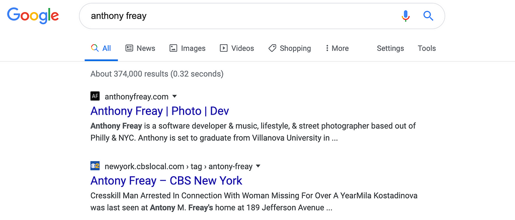 top 2 Google search results for “anthony freay”