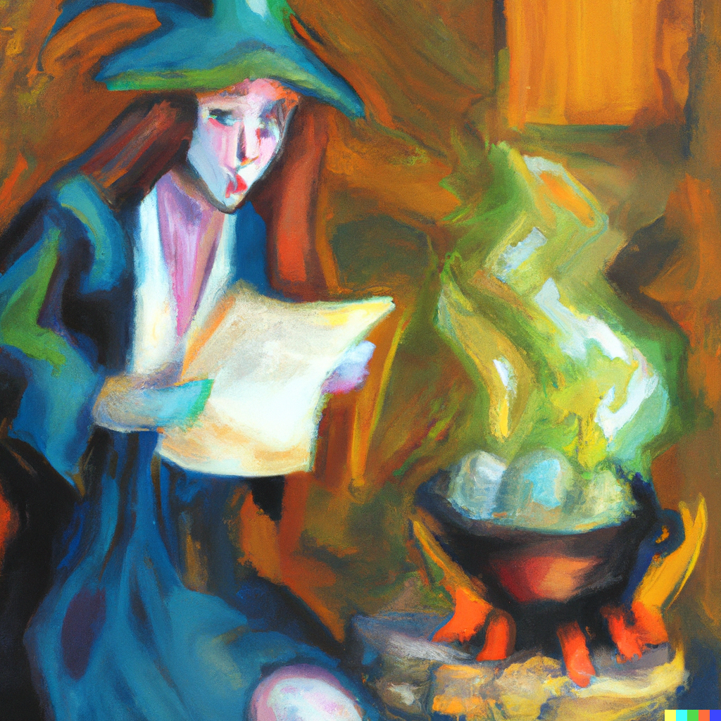 A witch reviewing a job application beside a bubbling cauldron