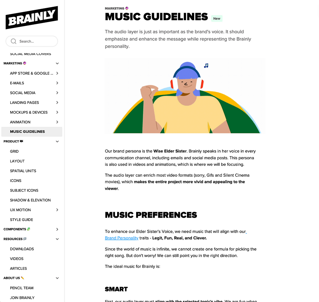 Screenshot of Brainly’s music guidelines page