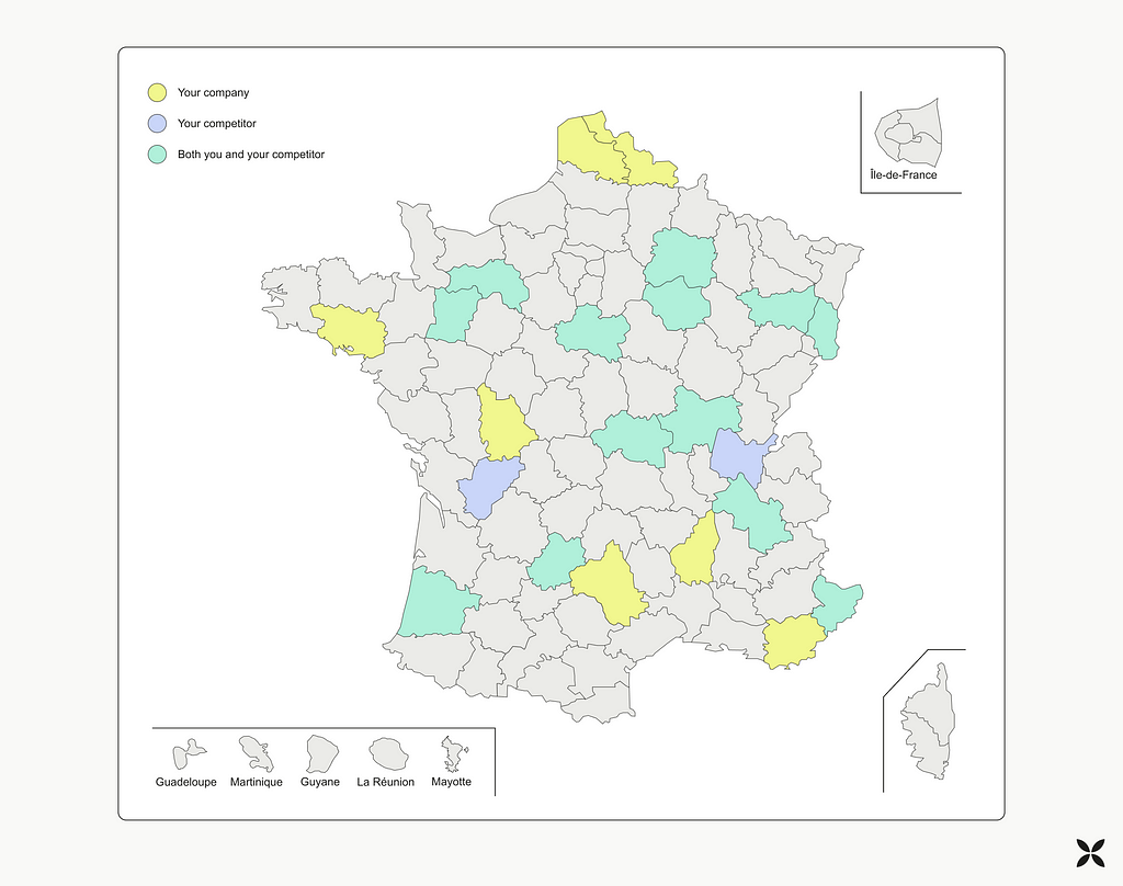 Map of France, with geographic departments colored according to treatment group status for you or an imaginary competitor