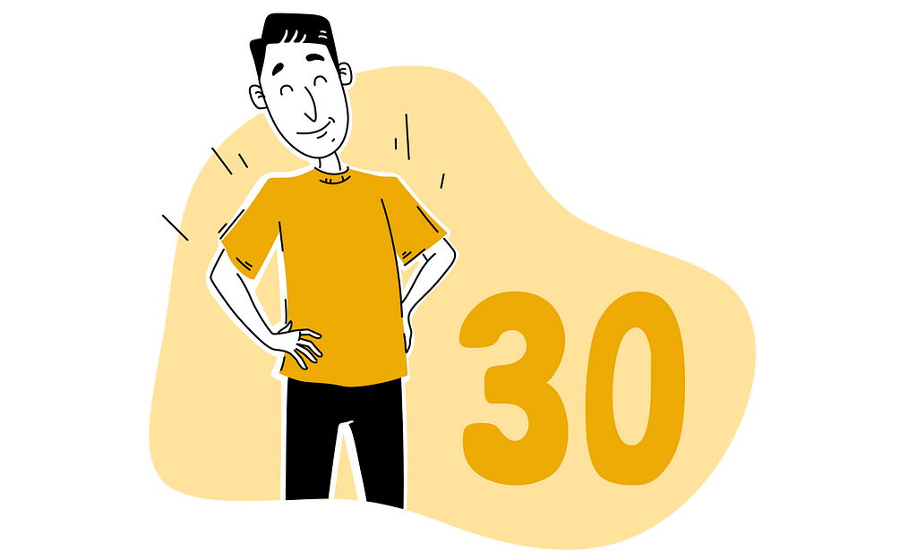 Illustration of author standing proudly with large numbers next to him spelling out “30”