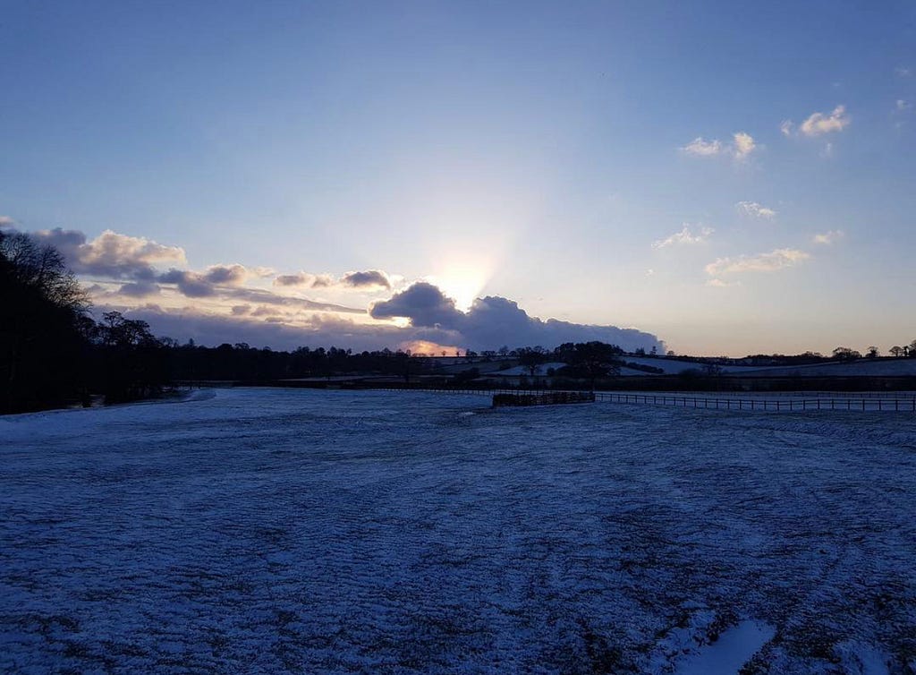 A picturesque view of a frosted over field at dusk