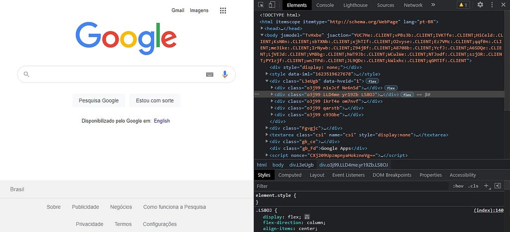 Imagem da página principal do Google sendo inspecionada. Temos ao lado esquerdo a página do Google e ao lado direito a inspeção com todas as suas abas.