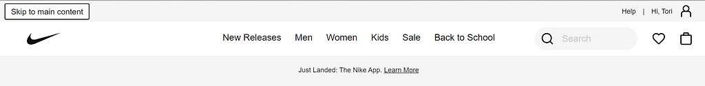 “Skip to Main Content” option on Nike.com
