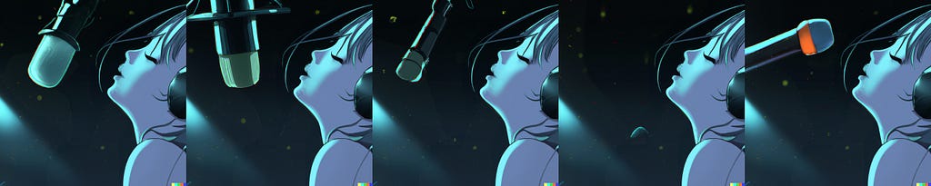 Another 5 images of girl alpha, this time with slightly different styles of microphone hanging down from the top of the image in front of her face.
