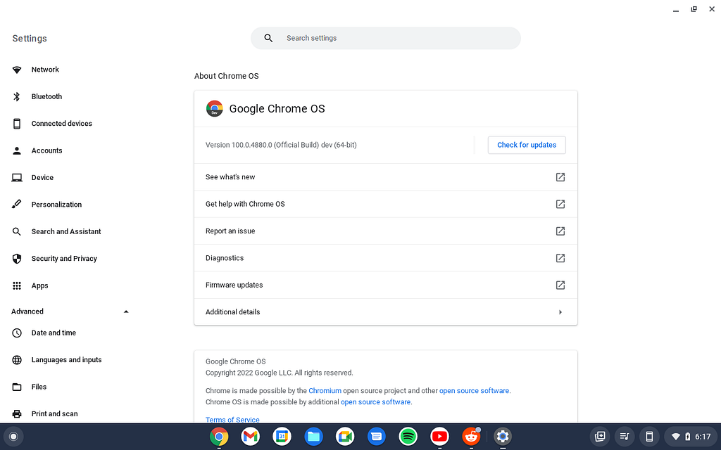 About Chrome OS page Screen Grab