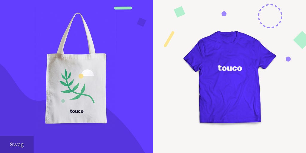 A tote bag and t-shirt with the Touco logo