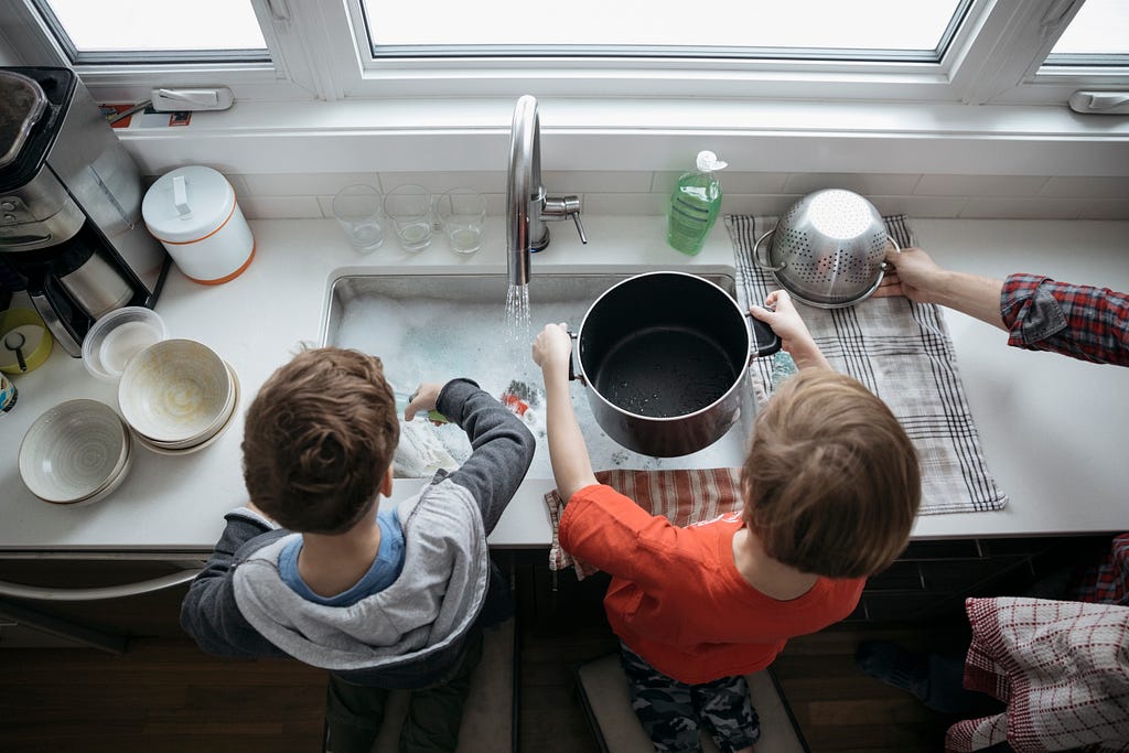 Overhead view of brothers doing dishes at the kitchen sink.