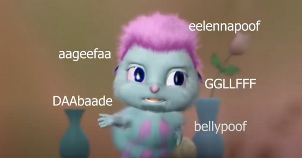 Imagem do filme Barbie Fairytopia que virou meme. A personagem Biible está falando coisas sem sentido (eelennapoof, aageefaa, DAAbaade, GGLLFFF, bellypoof) que a Barbie responderá "Tem razão".